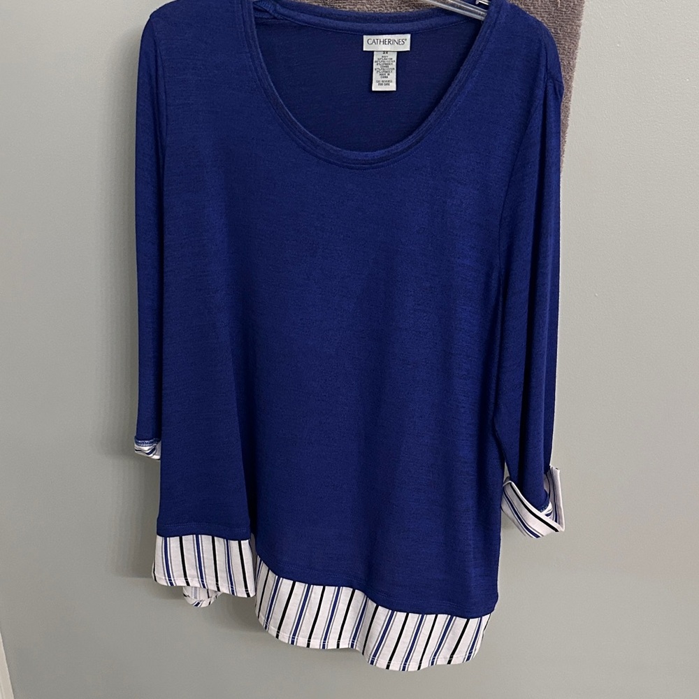 Catherines Blue Long Sleeve Top with Striped Detail